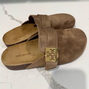 Tory Burch Tan Suede Mules with Gold Emblem